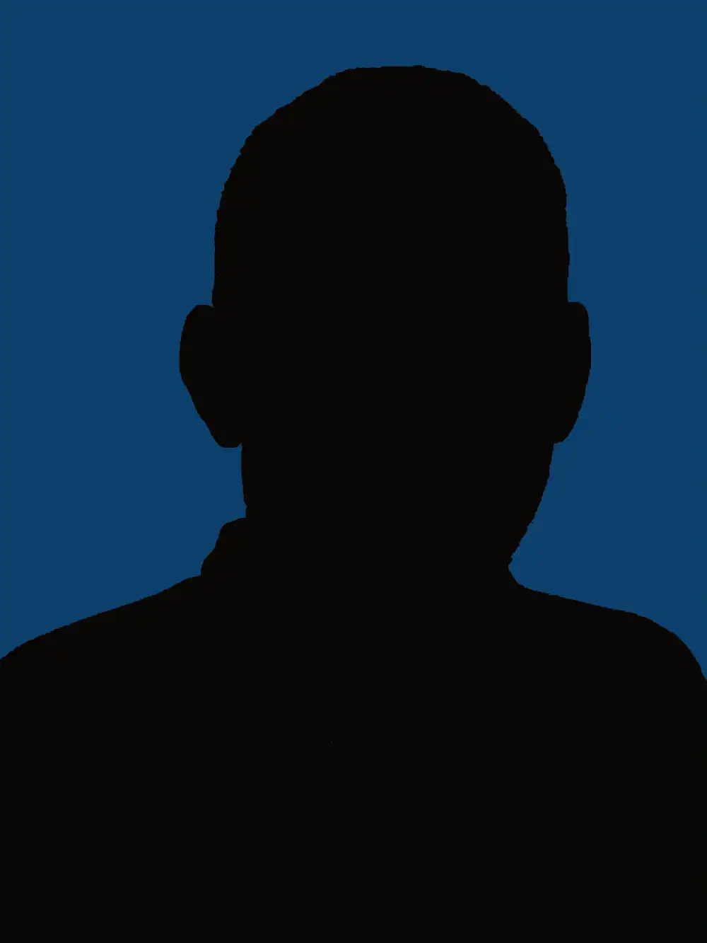 Silhouette of a person against a solid blue background. Facial features and details are not visible.