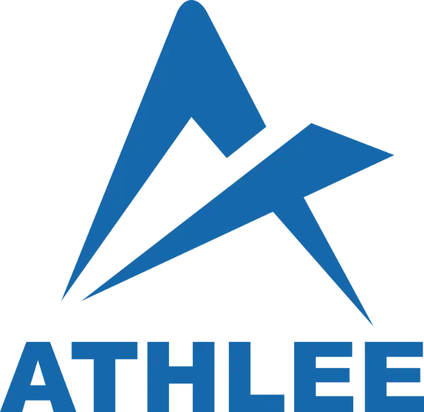 Blue geometric logo resembling an abstract letter "A" above the word "ATHLEE" in bold capital letters.