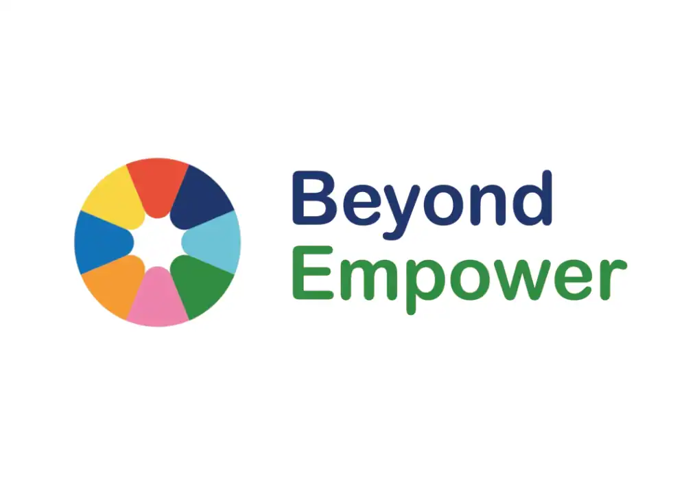 Logo with a circular, multicoloured icon on the left and the words "Beyond Empower" in blue and green text on the right.