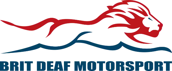Logo showing a stylised red and blue lion in motion above the text "BRIT DEAF MOTORSPORT" in bold capital letters.
