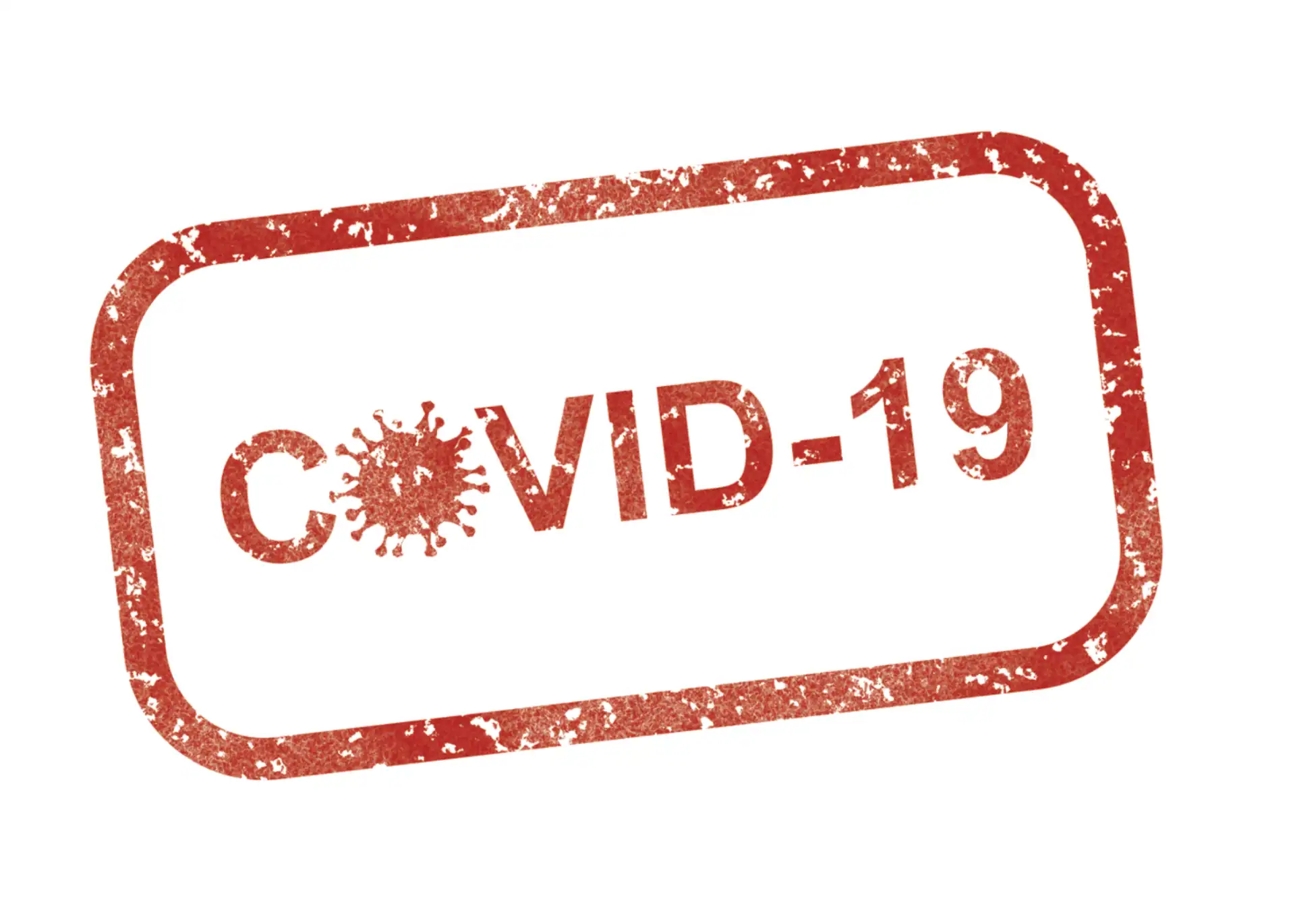 A red, distressed stamp-style graphic displaying the word "COVID-19" with a virus icon replacing the letter "O.