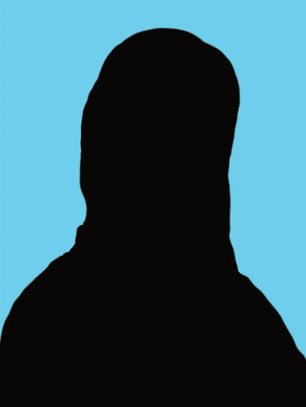 Silhouette of a person wearing a head covering against a solid light blue background.