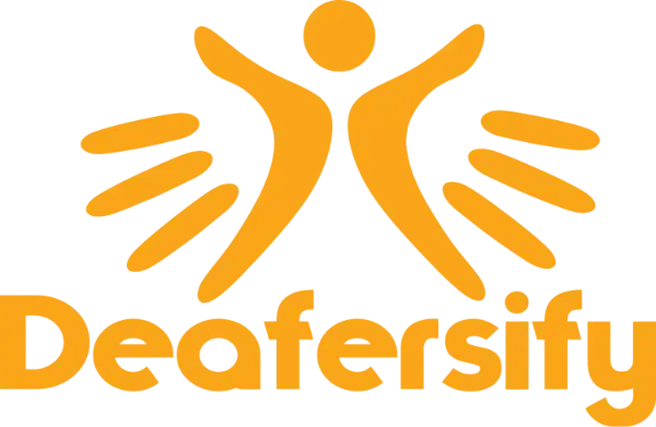 Orange abstract figure with outstretched arms and stylised wings above the word "Deafersify" in bold orange letters on a light background.