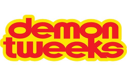Red "demon tweeks" text in lowercase bold font with a yellow outline, displayed on a light grey background.