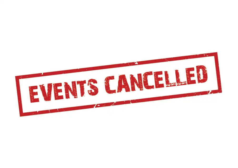 A red, rectangular stamp with the words "EVENTS CANCELLED" in bold, capital letters on a white background.