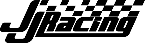 Black stylised text "JJRacing" with a chequered flag pattern above the word "Racing" on a white background.
