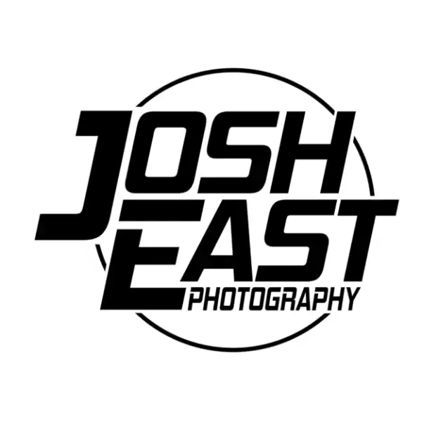 Logo for "Josh East Photography" with bold, black text over a white circle background.