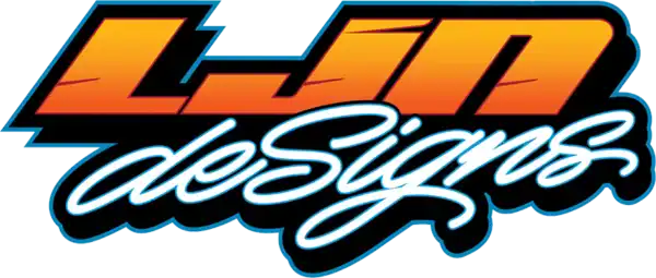Logo featuring bold, orange gradient letters "LJN" above the word "deSigns" in white cursive script with a black background and blue outline.