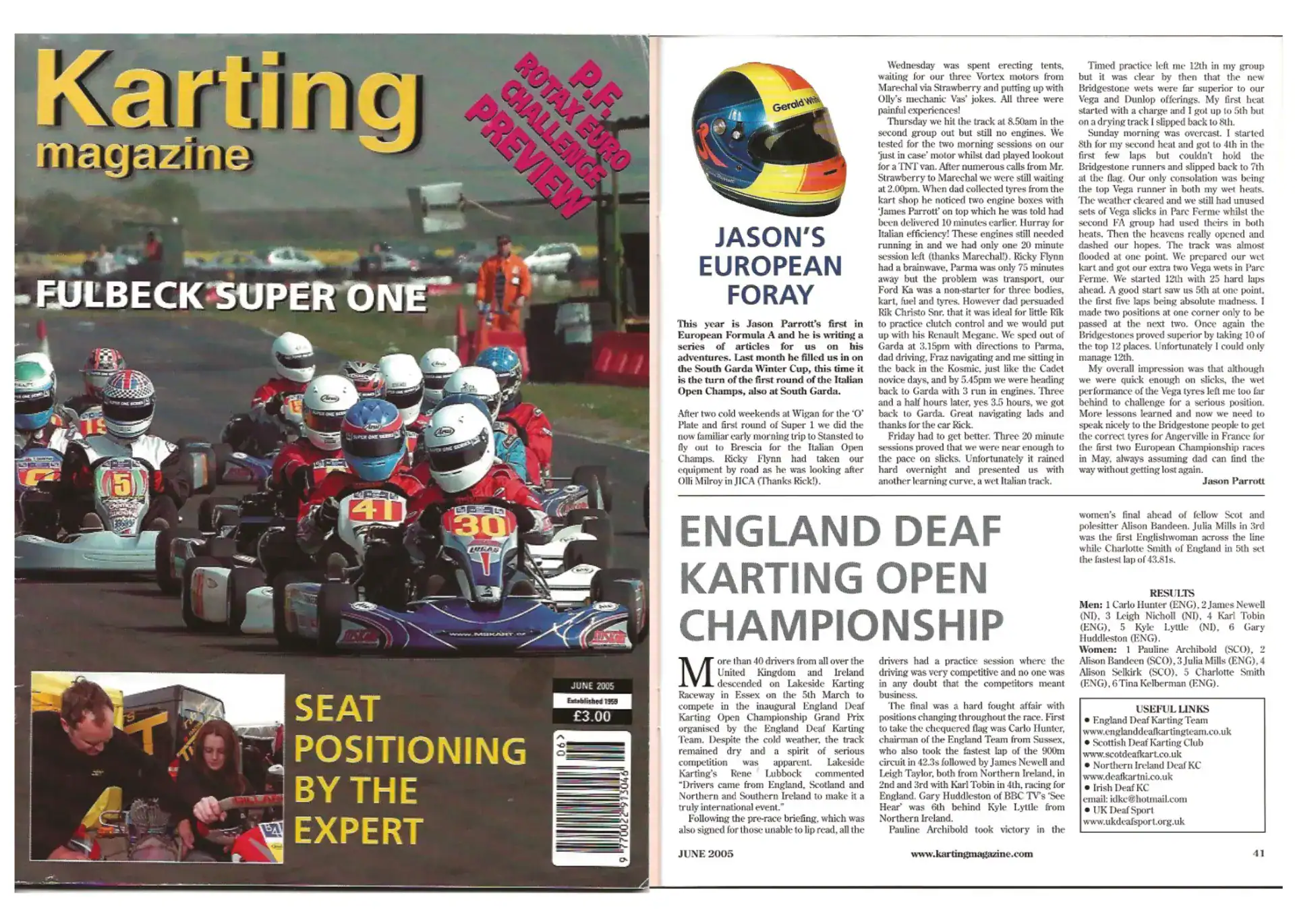 A magazine spread shows kart racers on a track, a headline about seat positioning, and articles on Jason Parrott's European karting and the England Deaf Karting Open Championship.