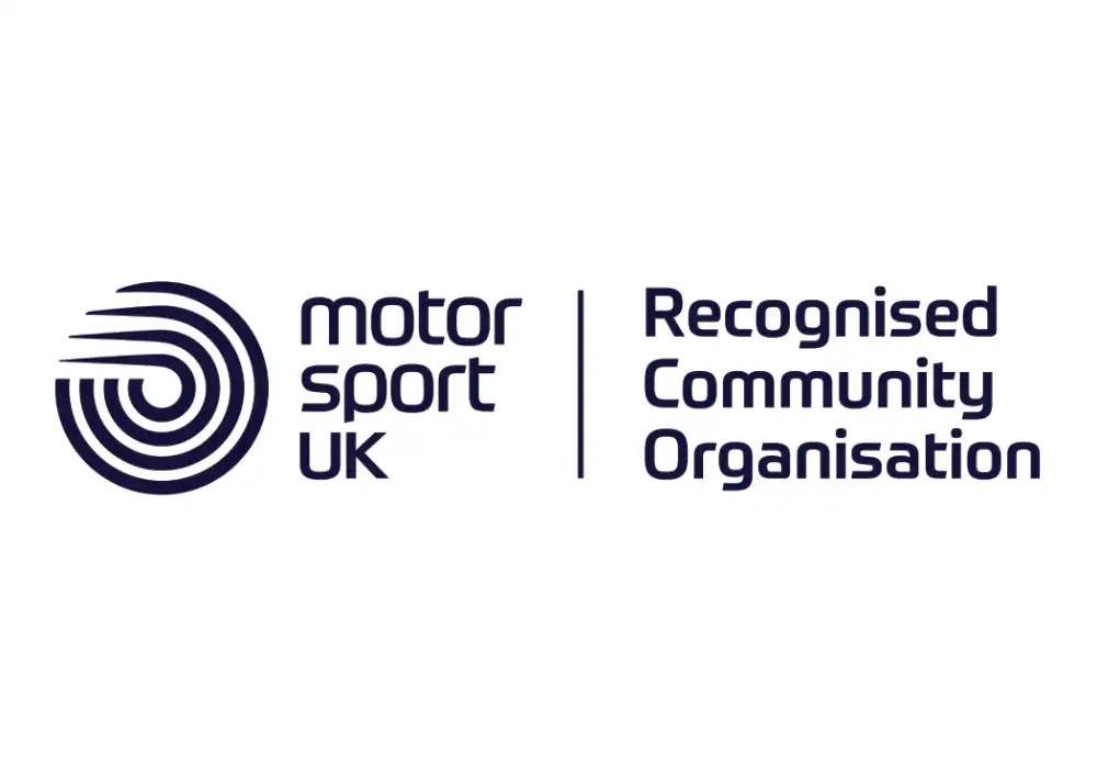 Motor Sport UK Recognised Community Organisation logo featuring a circular abstract design on the left and text on the right.