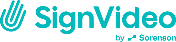 SignVideo logo with a stylised hand graphic to the left of the text "SignVideo by Sorenson" in teal font.